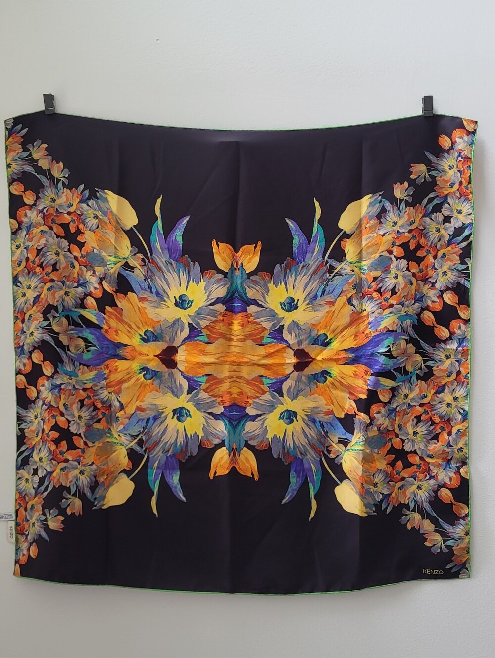 KENZO Black Silk Scarf with Vibrant Orange, Yellow Floral Motif